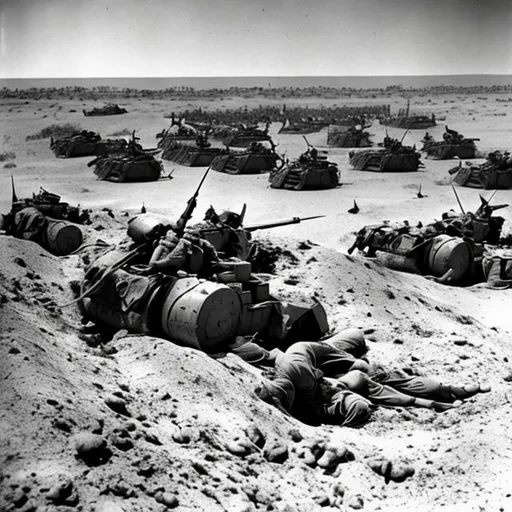 Prompt: Battle of El Alamein 1942 seeking Shelter Amidst Artillery Barrage and Trenches