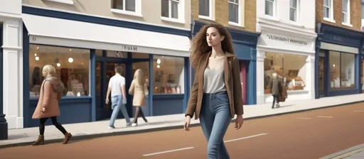 Prompt: Tall young woman walking down the high street, detailed clothing, realistic, natural lighting