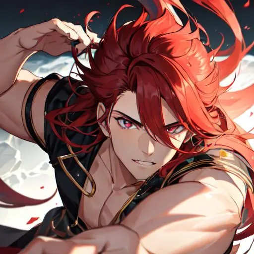 Prompt: Zerif 1male (Red side-swept hair covering his right eye) running his hand through his hair