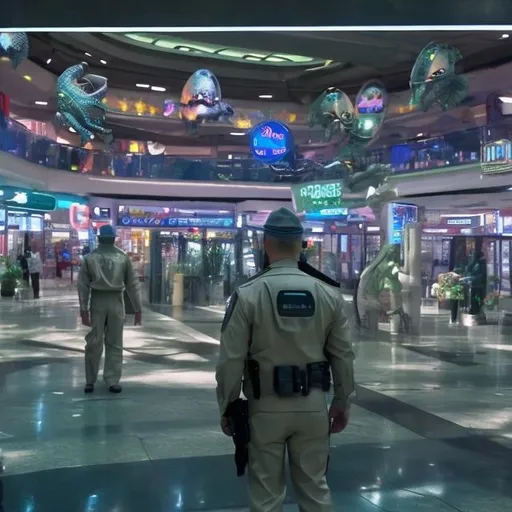 Prompt: alligator security guards in a busy alien mall, widescreen, infinity vanishing point, galaxy background, surprise easter egg