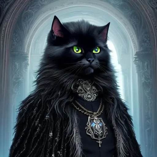 Prompt: <<https://s.mj.run/Q_KknrecACY>> anthropomorphic majestic wizard of black Cat, portrait, blue eyes, blue ears, wearing a finely detailed cloak with realistic furr and royal blue design + ornate intricate silver and white details, powerful pose, ancient lighting, photorealistic, 8k, unreal engine, octane render, full body, d&d, 
