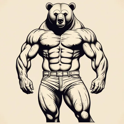 Prompt: AN EXTREMLY DETAILED AND CLEAN Vector Graphic Design of A VINTAGE  BODY BUILDER WITH A BEARS HEAD. FULL BODY. ARMS UP FLEXING BICEPS