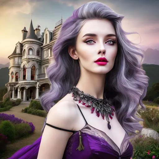Prompt: professional modeling photo live action human woman hd hyper realistic beautiful wicked victorian lady grey hair pale skin grey eyes beautiful face red and purple dress with jewelry countryside landscape hd background with live action mansion and black cat
