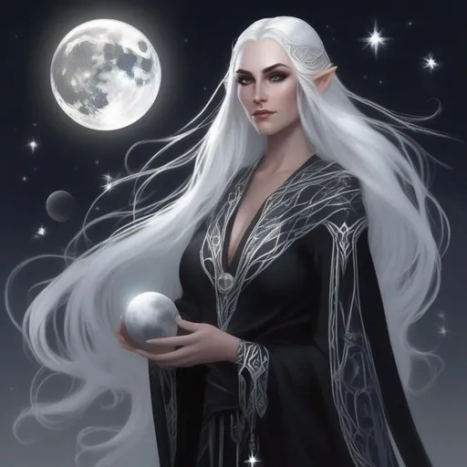 Prompt: dnd a elven woman with long flowing silver hair and glowing white eyes wearing black robes with star patterns moon goddess