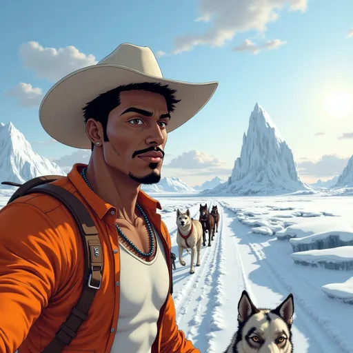 Prompt: @TRzJfEbYXKjmZAhFV8fB  rides a dog sled through a frozen tundra, beard frosted, eyes locked on the horizon. The sled cuts across a glacier. Nature tests his will. He passes.
