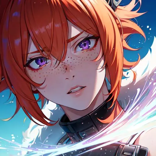 Prompt: Erikku male adult (short ginger hair, freckles, right eye blue left eye purple) UHD, 8K, Highly detailed, insane detail, best quality, high quality,  anime style, biker 