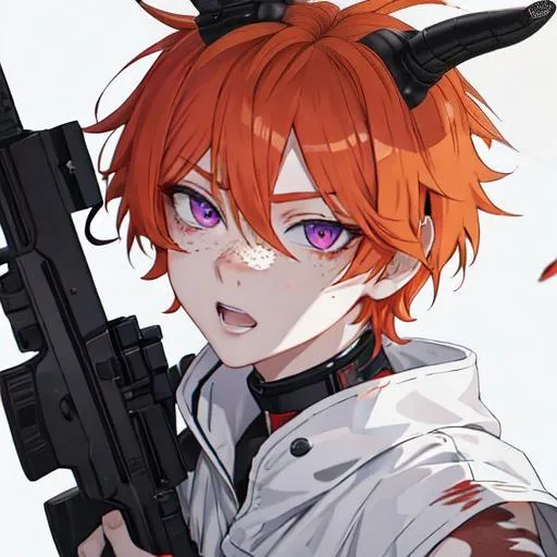 Prompt: Erikku male adult (short ginger hair, freckles, right eye blue left eye purple) UHD, 8K, Highly detailed, insane detail, anime style, covered in blood, psychotic, pointing a shotgun straight at the camera