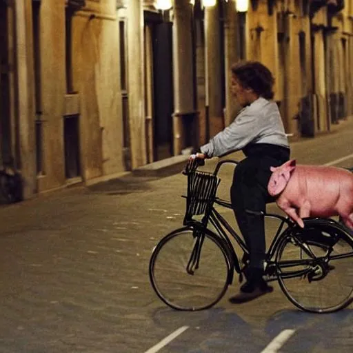 Prompt: Photo of a pig driving a bicycle, in Venice at night.