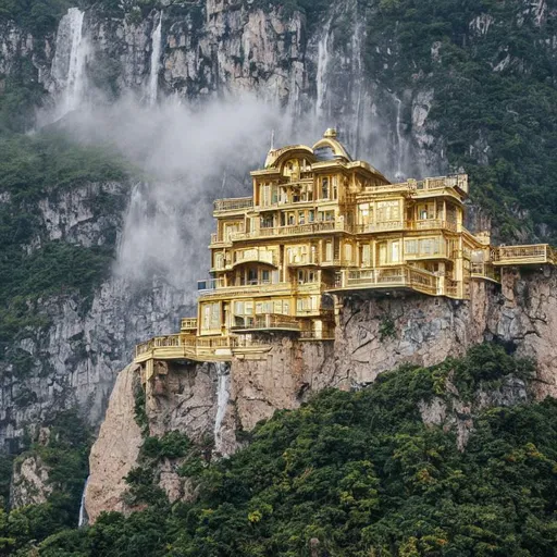 Prompt: modern palace made from gold and built into a mountain side with mist in the air and situated below a large waterfall