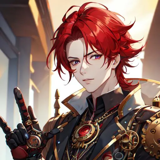 Prompt: Zerif 1male (Red side-swept hair covering his right eye) steampunk, UHD, 8K, highly detailed, mechanical arm
