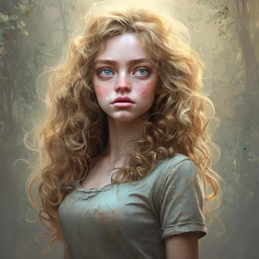 Prompt: {{{{highest quality concept art masterpiece}}}} digital drawing oil painting with {{visible textured brush strokes}}, Beautiful woman, photorealistic face, curl hair, digital painting, artstation, illustration, concept art, smooth, sharp focus, {{hyperrealistic intricate perfect golden long hair}} and {{hyperrealistic perfect clear bright blue eyes}} soft skin and red blush cheeks and cute smile, epic fantasy, perfect anatomy in perfect composition approaching perfection, hyperrealistic intricate mirrored room in background, cinematic volumetric dramatic dramatic studio 3d glamour lighting, backlit backlight, 128k UHD HDR HD, professional long shot photography, unreal engine octane render trending on artstation, sharp focus, occlusion, centered, symmetry, ultimate, shadows, highlights, contrast