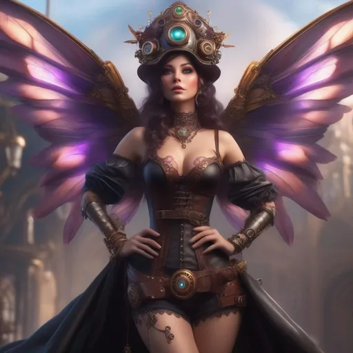 Prompt:  Wide angle, 4k, 8k. Detailed Illustration. Full body in shot. ((Hyper realistic)) painting. Photo real. A ((beautiful)), shapely woman with ((anatomically correct)) hands and ((vivid)) colorful, ((bright)) eyes. Shes a Steam Punk, gothic witch. A distinct Winged fairy, with a skimpy, ((colorful)), gossamer, flowing outfit. On a ((picturesque)) ((Halloween night)) ((standing)) in a forest by a village. Concept art. Matte painting. Epic. Cinematic