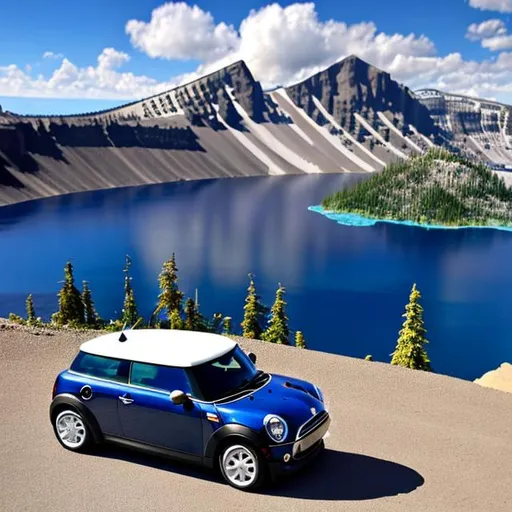 Prompt: Mini Cooper in crater lake
