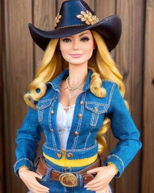 Prompt: a highly detailed portrait photograph of a beautiful cowgirl barbie doll, mix of lucy liu and susan sarandon, wavy hair, segmented model, mattel barbie aesthetic, made of plastic, segmented silicone doll, wearing a denim jacket, rustic western clothes, designer jeans, revolver holster, sheer cotton, banana yellow accent, low cut blouse, push up blouse, ultra detailed, detailed plastic skin, studio lighting, f2 24mm