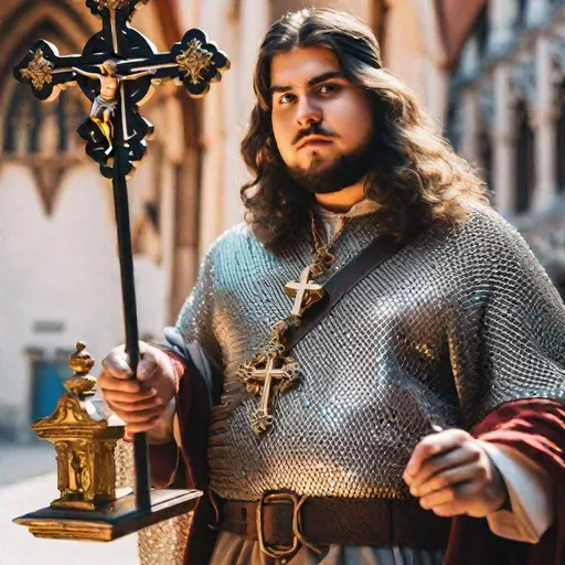 Prompt: Fish-eye view. Action pose. Full body image. Head-to-toe. 21years old AD&D Cleric. He is wearing a bright shiny iron chainmail armor. . He is brandishing one medieval mass in his right hand. Historically realist. Chubby. He is holding a crucifix in his other hand
