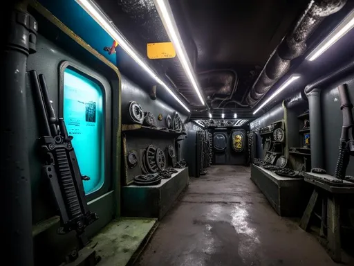 Prompt: Dark weapons shopfront on submarine