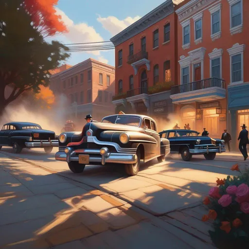 Prompt: Mafia Definitive Edition, car chase, cops, cartoony, sunny atmosphere, extremely detailed painting by Greg Rutkowski and by Henry Justice Ford and by Steve Henderson