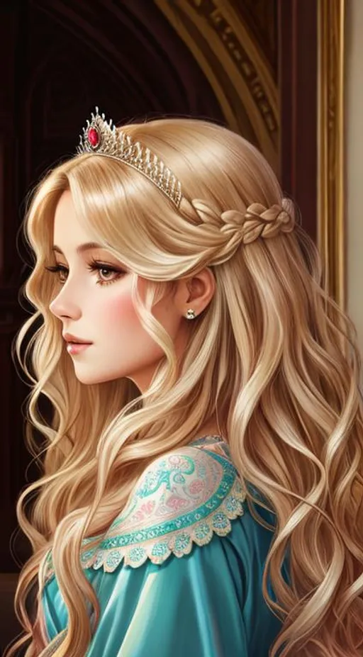 Prompt: portrait, long wavy hair, female, Illustration, princess dress