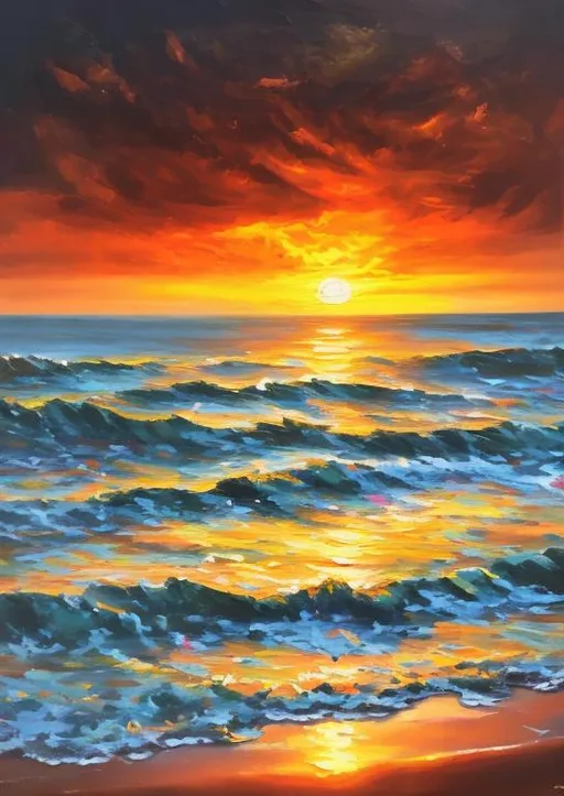 Prompt: sunset, sea, oil paint