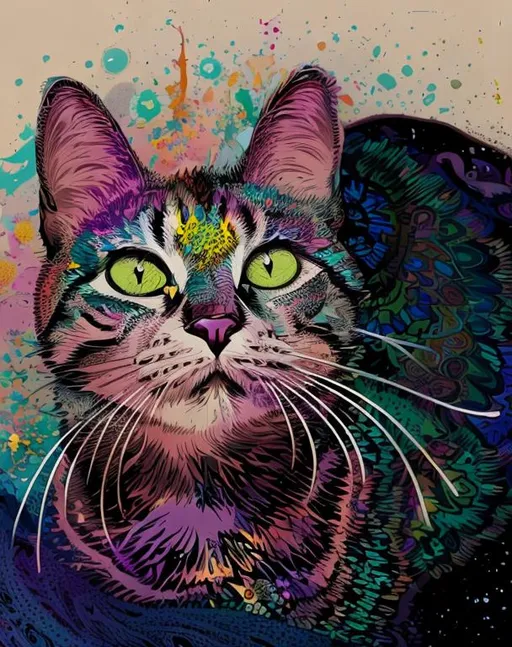 Prompt: illustration of a multicolored, paisley, kaleidoscopic, cat, white background, white base, accurate details, high dynamic, 4k resolution, fine art, bold colors, bold lines, bold shapes, balanced, in the style of Michael Vistia, top of head and neck shot, universal 