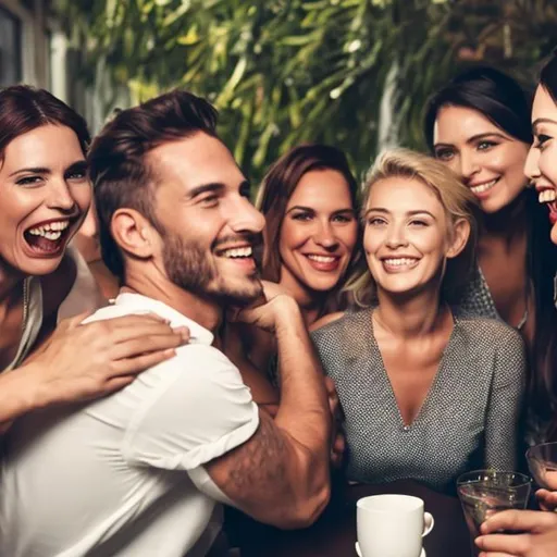 Prompt: A good looking man socialising with a group of women. 