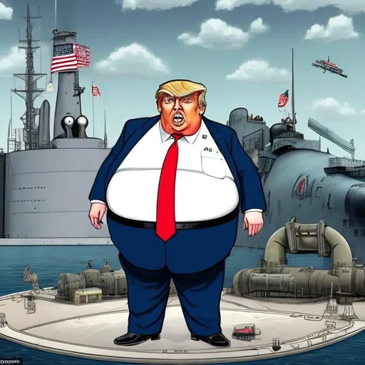 Prompt: Cute, obese Spy Trump in front of a nuclear submarine in drydock, press conference, dark-blue suit, too long red tie to the floor, u-boat scene, muted gloomy colored, Sergio Aragonés MAD Magazine cartoon style
