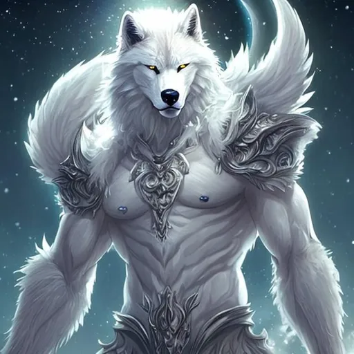 Prompt: Anthropomorphic furry male character
White wolf: Majestic, elegant, regal
Holographic left arm
Red eyes: Intense, determined
Strong physique: Agile, graceful, powerful
Enigmatic presence: Mysterious, alluring
Moonlit forest: Ethereal, magical, serene
Pristine fur: Pure, immaculate, radiant
Serene demeanor: Calm, composed, confident
Moon's light: Illuminating, enchanting