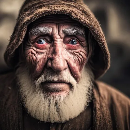Prompt: A wise old man with wrinkles on his face and dark red eyes bearded  He came back from the war 