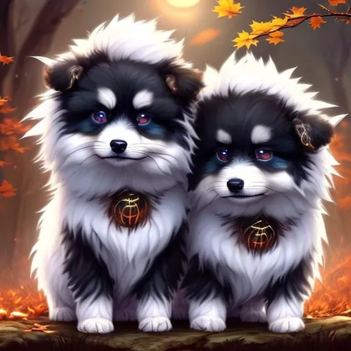 Prompt: two small chibi fluffy puppies wearing stunning costumes, one is all black and the other is all white, on a blood moon Halloween night, autumn forest colours, sparkling eyes, embers in eyes, shining eyes, sharp features, fireflies, highly detailed, digital painting, trending on artstation, concept art, smooth, sharp focus, beautiful fur, expressive eyes, illustration, art by Artgerm and greg rutkowski and alphonse mucha