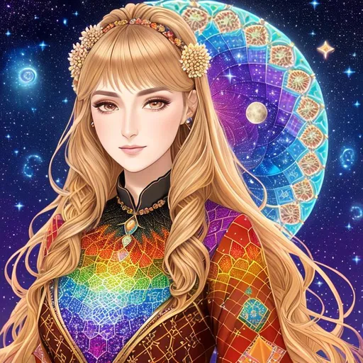 Prompt: brown sky,
beautiful Ottoman mature woman with long blonde multicolored julia sets fractal balayage hair, large chest, doing magic, wearing full color julia clusters fractal on full color voronoi fibonacci spiral dress, cute, fibonacci flowers, aesthetic, pastel, fairycore, disney, pixar, moon, stars, witchcraft, in a starry full color fractal Formula: z² + c + (z² + c) / (3z³ + c)  pastel sky with sun and moon, garden, sweet, dreamy, award winning illustration, artstation, highres, hyperrealistic, very beatiful face, very beatiful eyes, celestial, sci-fi, fantasy, cottagecore, tarot card style, art nouveau