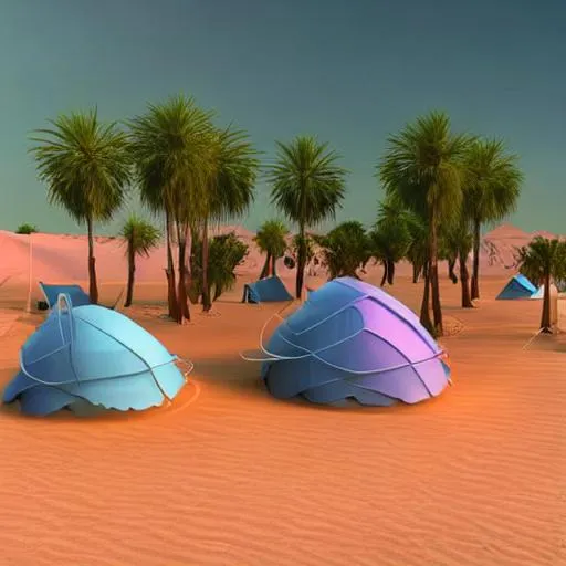Prompt: Arab travellers camped at a desert oasis. With river running through the camp and beautiful girls dancing. 3D abstract art. high resolution synthwave pink 