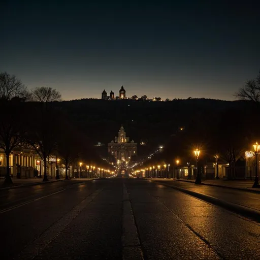 Prompt: rococo styled city just before dawn. The city is quiet. there is a glow on the horizon, but streetlights still emit a warm glow on the ground