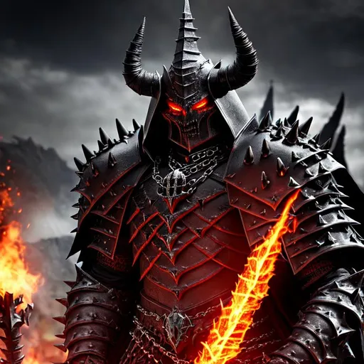 Prompt: a dark lord with heavy armour with spikes skulls and chains that looks like sauron, with huge horns and flaming helmet, Professional, Highly Detailed, Hyperrealistic, sharp focus, Professional, UHD, HDR, 8K, Render, HD, Trending on ArtStation,, bokeh, outdoor,