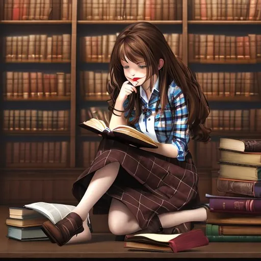Prompt: dark academia woman brown hair wearing plaid skirt reading a book in the library