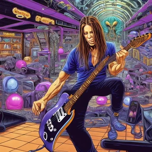 Prompt: Bodybuilding Uli Roth age 25 playing guitar for tips in a busy alien mall, widescreen, infinity vanishing point, galaxy background