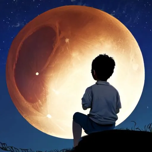 Prompt: A YOUNG BOY SITTING ON A CRESCENT MOON FISHING INTO THE UNIVERSE AS A SHOOTING STAR ZOOMS IN A FIRE BALL TO THE MOON SURFACE