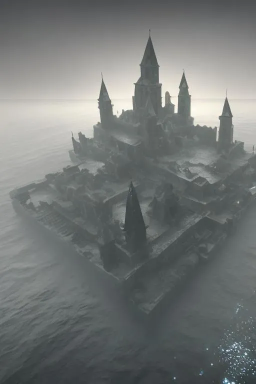 Prompt: an submerged ethereal submerged fortress, surrounded by dense fog, that separates reality from truth