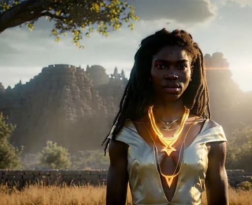 Prompt: (Hyperrealistic highly detailed wide shot of an ebonian sun priest woman summoning an exorcism on land)
Epic, magic, visual effect. Beautiful, determined, golden necklace, white translucent silk, holy light. Sun. Shadows. Scenery. Inspiring.