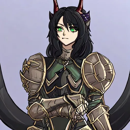 Prompt: A female black-haired Tiefling with green eyes and half-plate armor and she is a cleric, she is 18 with devil horns and a tail