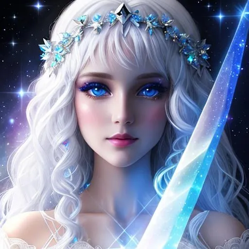 Prompt: White prism, cosmic,etherial, fairy, goddess of light ,curly white hair, brilliant blue eyes, facial closeup
