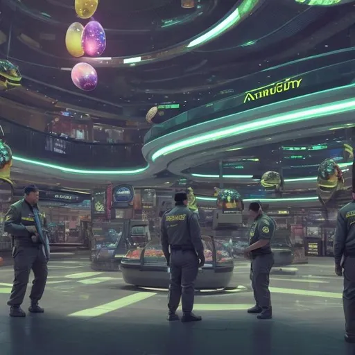 Prompt: anaconda security guards in a busy alien mall, widescreen, infinity vanishing point, galaxy background, surprise easter egg