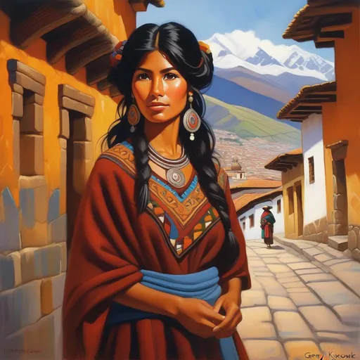 Prompt: Peruvian woman, tan skin, black hair, dark brown eyes, in Cuzco, cartoony, cold atmosphere, extremely detailed painting by Greg Rutkowski and by Henry Justice Ford and by Steve Henderson