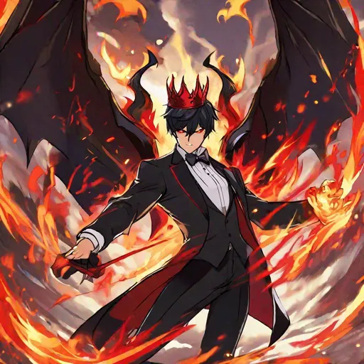 Prompt: Damien  (male, short black hair, red eyes) demon form, wearing a tuxedo, fighting, wearing a crown, angry, fire around him
