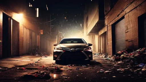 Prompt: Toyota Camry, in a dark forgotten trash filled alley way, no light coming in, with trash flying around, in the crack of dawn, cinematic lighting, drama effect