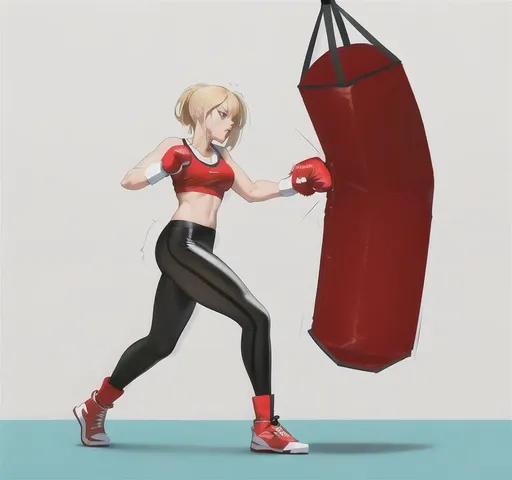 Prompt: punching bag punching, high quality, punching bag,Best quality, tall girl, (punching bag:1.2), master piece, leggings , muscle, blood, punching bag, latex ,ultra detailed, realistic, 4k, fight punching, open finger gloves ,anime style,punching fighting, beauty girl, pretty ,detailed face, punching bag smash 