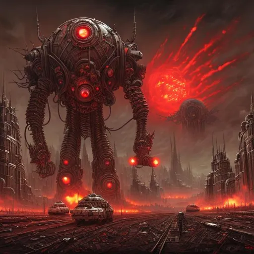 Prompt: Evil, red lights, Biological mechanical war machine, fantasy art style, dystopian, apocalyptic, nuclear weapons, nuclear explosion, atom bomb, painting, city, metropolis, guns, bullets, teeth, eyes, giant robot, warfare, death, destruction, megalophobia 