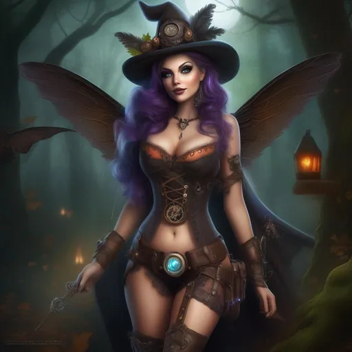 Prompt: Wide angle. Whole body showing. Very detailed Illustration. Photo real. Very realistic. A beautiful, buxom woman with broad hips. Colorful, extreme bright eyes,  standing in a forest by a sleepy town. Shes a Steam Punk Witch, a Winged Fairy, with a skimpy, very sheer, gossamer, flowing outfit. On a colorful, Halloween night. 
