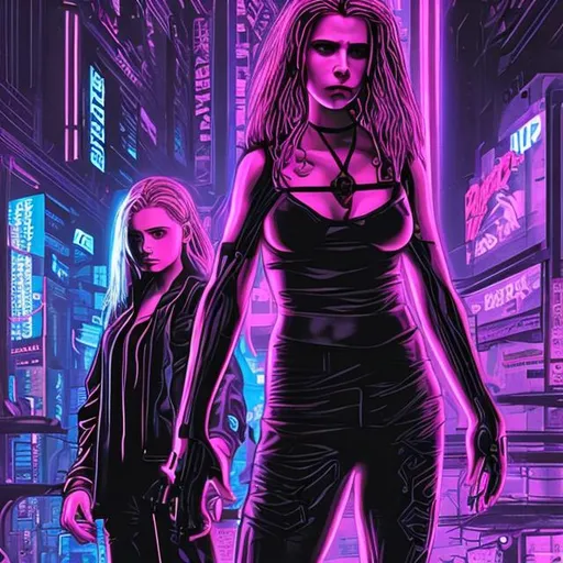 Prompt: Cyberpunk Buffy in neon with ganger