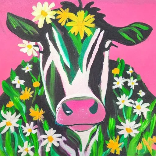 Prompt: Modern art of cow with daisies in hair and pink tones 