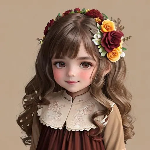 Prompt: flower girl in colors of brown, beige and maroon